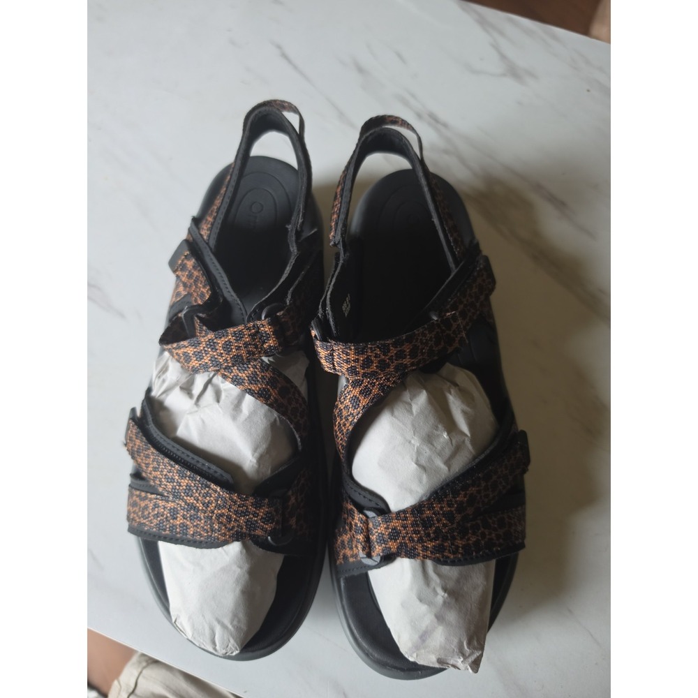 Orthofeet Women's Black/Brown Animal Print Leather Strappy Sandals US 8 Medium